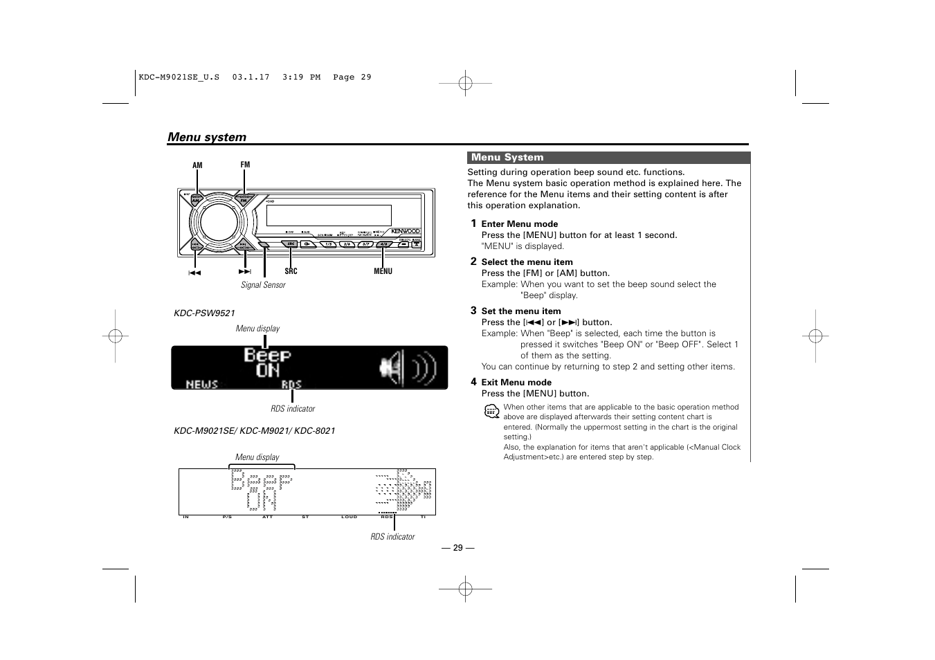 Menu system | Kenwood KDC-M9021   EN User Manual | Page 29 / 52