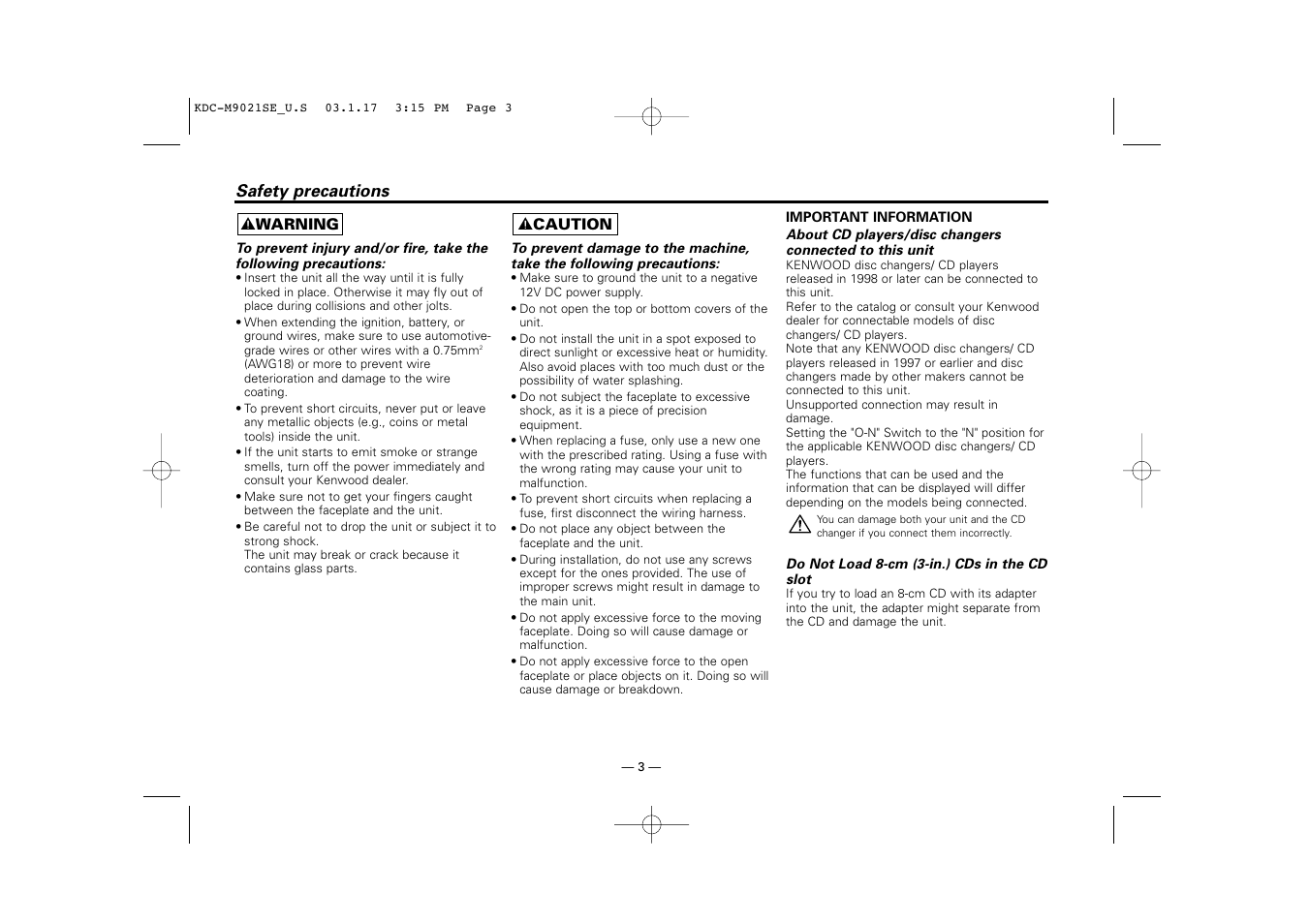 Safety precautions | Kenwood KDC-M9021   EN User Manual | Page 3 / 52