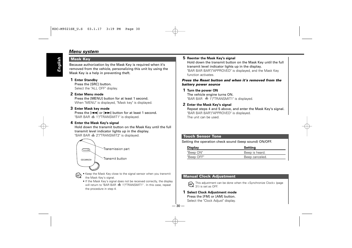 Mask key, Touch sensor tone, Manual clock adjustment | Kenwood KDC-M9021   EN User Manual | Page 30 / 52