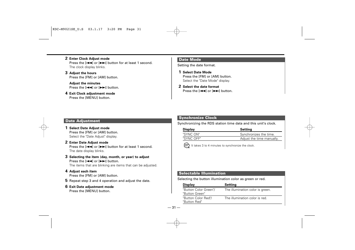 Date adjustment, Date mode, Synchronize clock | Selectable illumination | Kenwood KDC-M9021   EN User Manual | Page 31 / 52