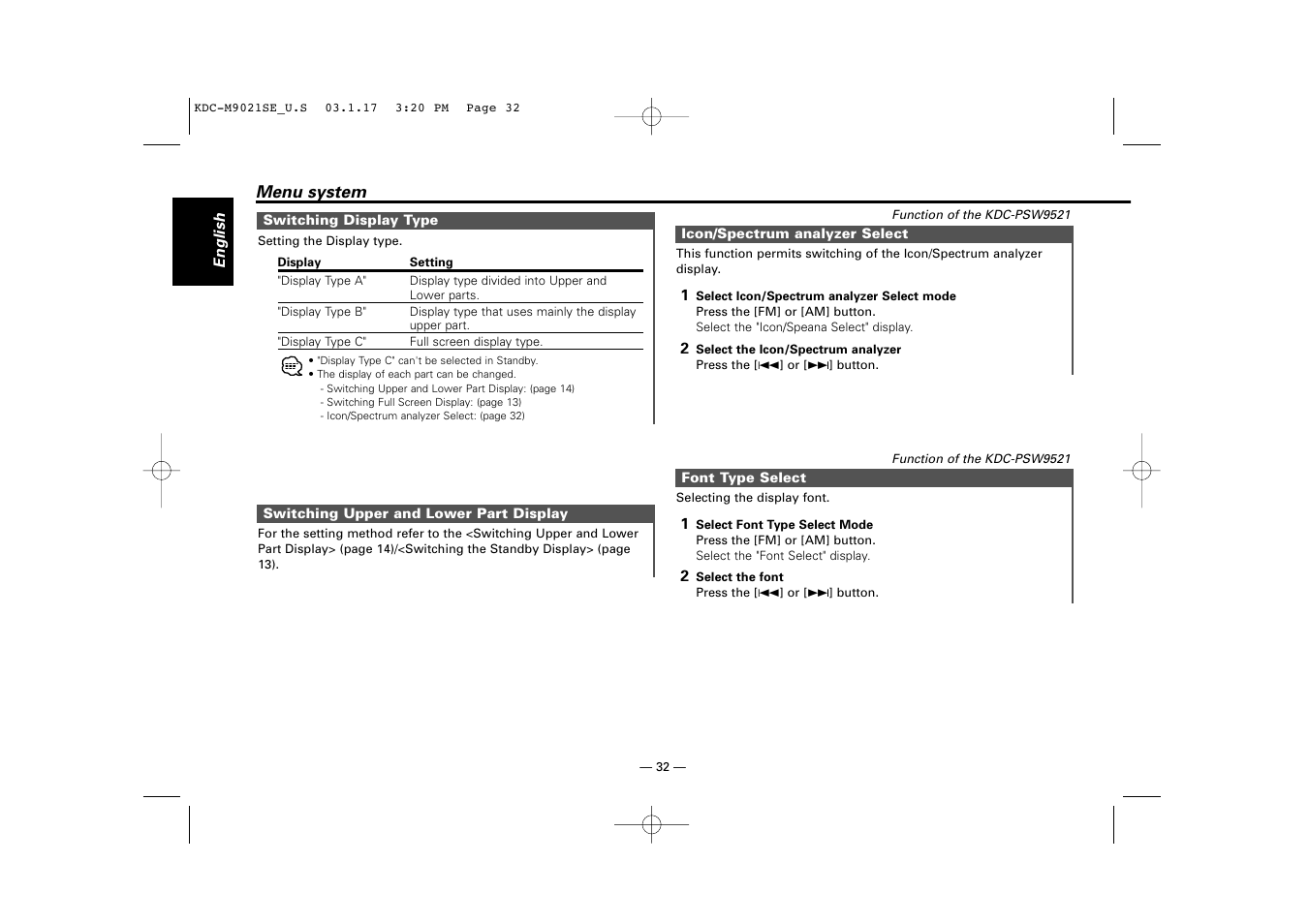 Switching display type, Switching upper and lower part display, Icon/spectrum analyzer select | Font type select | Kenwood KDC-M9021   EN User Manual | Page 32 / 52