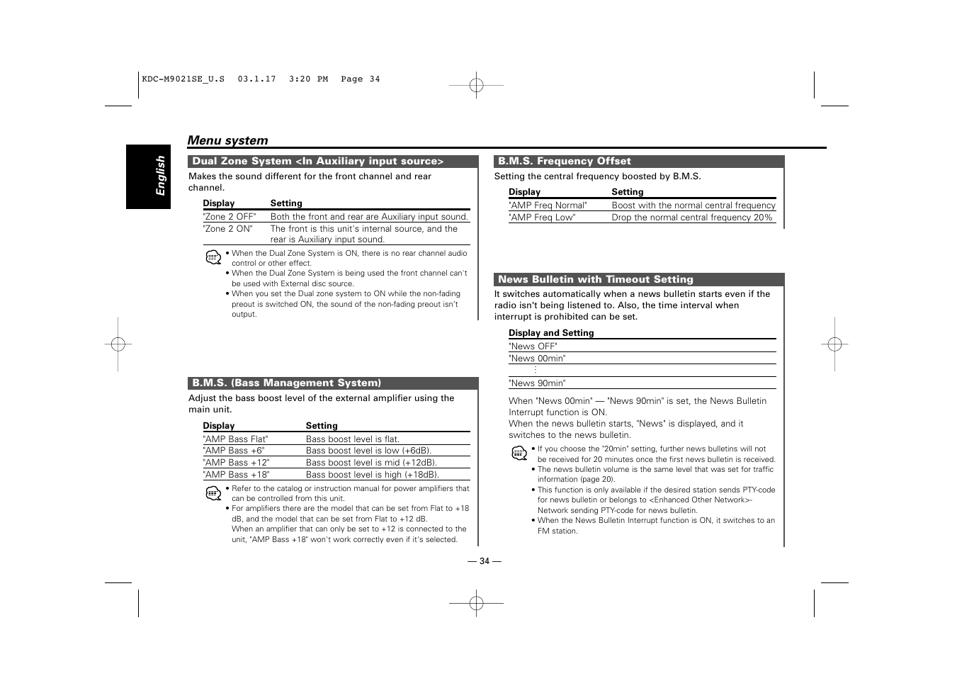 Dual zone system <in auxiliary input source, B.m.s. (bass management system), B.m.s. frequency offset | News bulletin with timeout setting, Menu system | Kenwood KDC-M9021   EN User Manual | Page 34 / 52