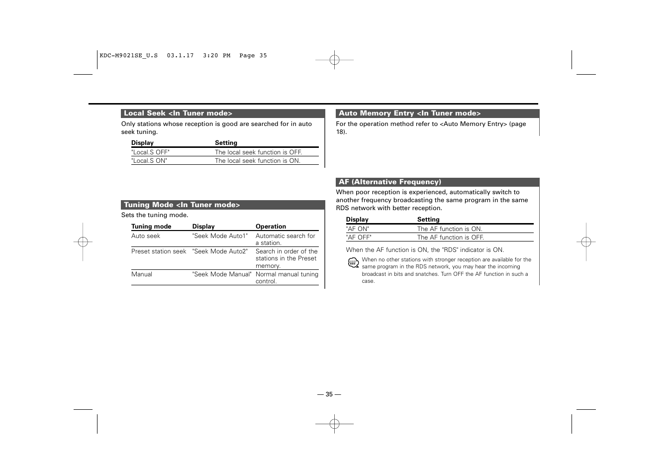 Local seek <in tuner mode, Tuning mode <in tuner mode, Auto memory entry <in tuner mode | Af (alternative frequency) | Kenwood KDC-M9021   EN User Manual | Page 35 / 52