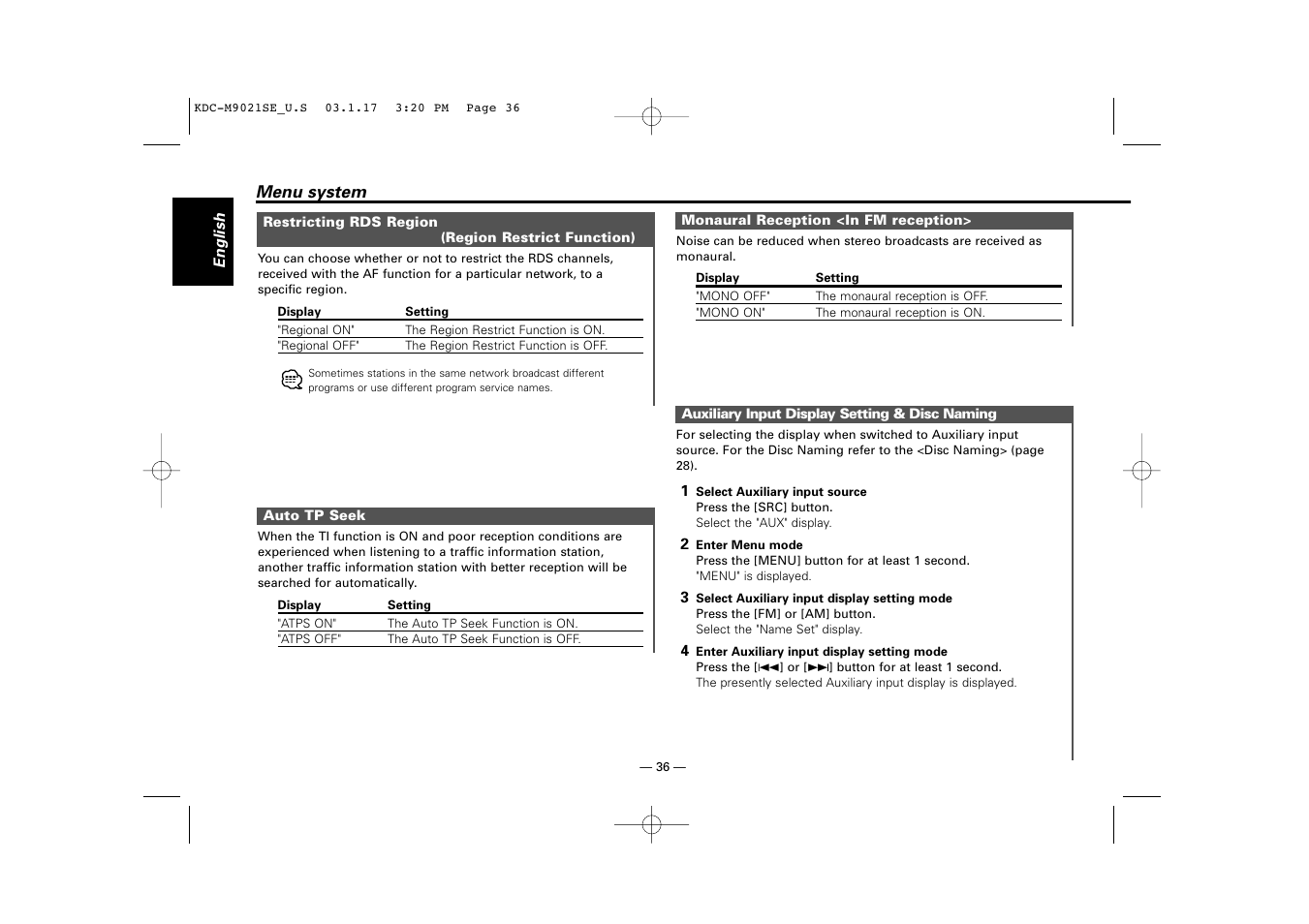 Restricting rds region (region restrict function), Auto tp seek, Monaural reception <in fm reception | Auxiliary input display setting & disc naming | Kenwood KDC-M9021   EN User Manual | Page 36 / 52