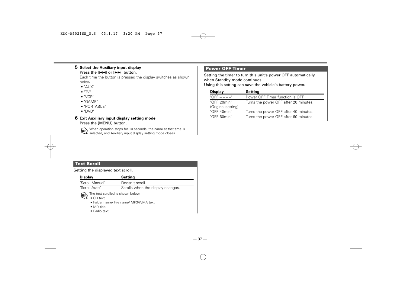 Text scroll, Power off timer | Kenwood KDC-M9021   EN User Manual | Page 37 / 52