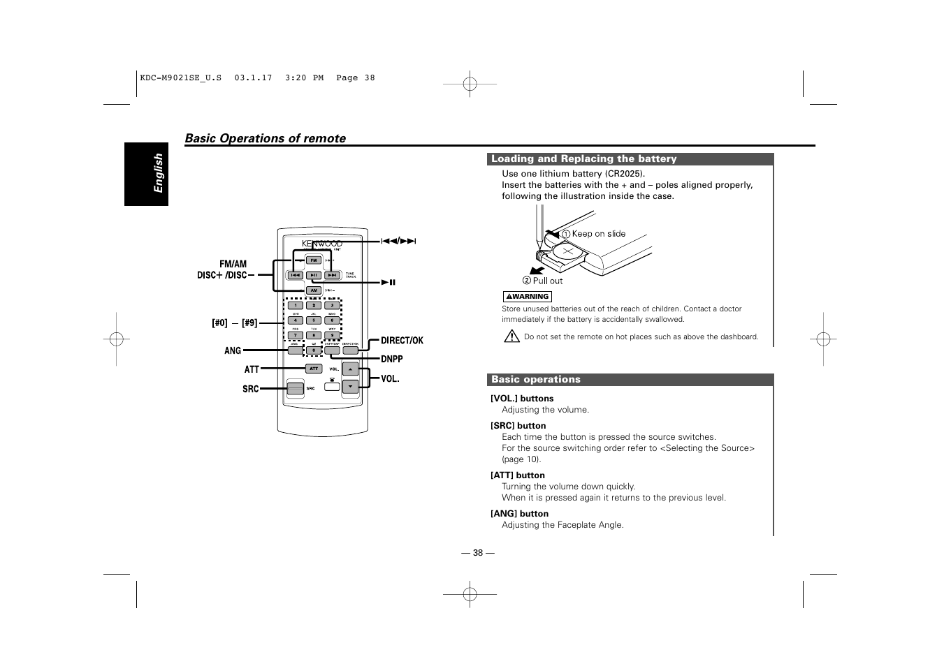 Basic operations of remote, Loading and replacing the battery, Basic operations | Kenwood KDC-M9021   EN User Manual | Page 38 / 52