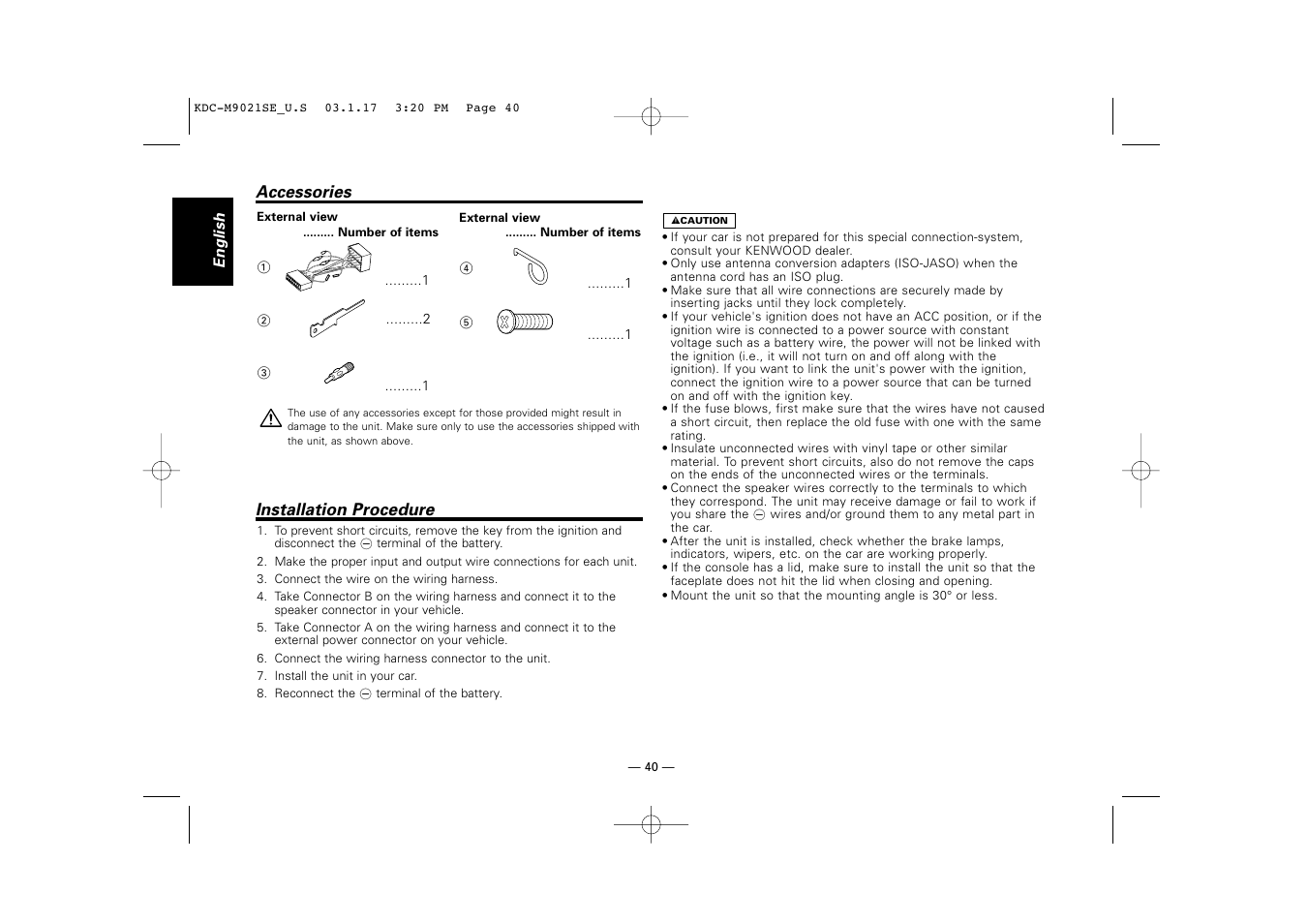 Accessories, Installation procedure | Kenwood KDC-M9021   EN User Manual | Page 40 / 52