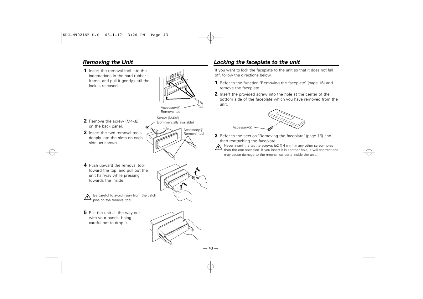 Removing the unit, Locking the faceplate to the unit | Kenwood KDC-M9021   EN User Manual | Page 43 / 52