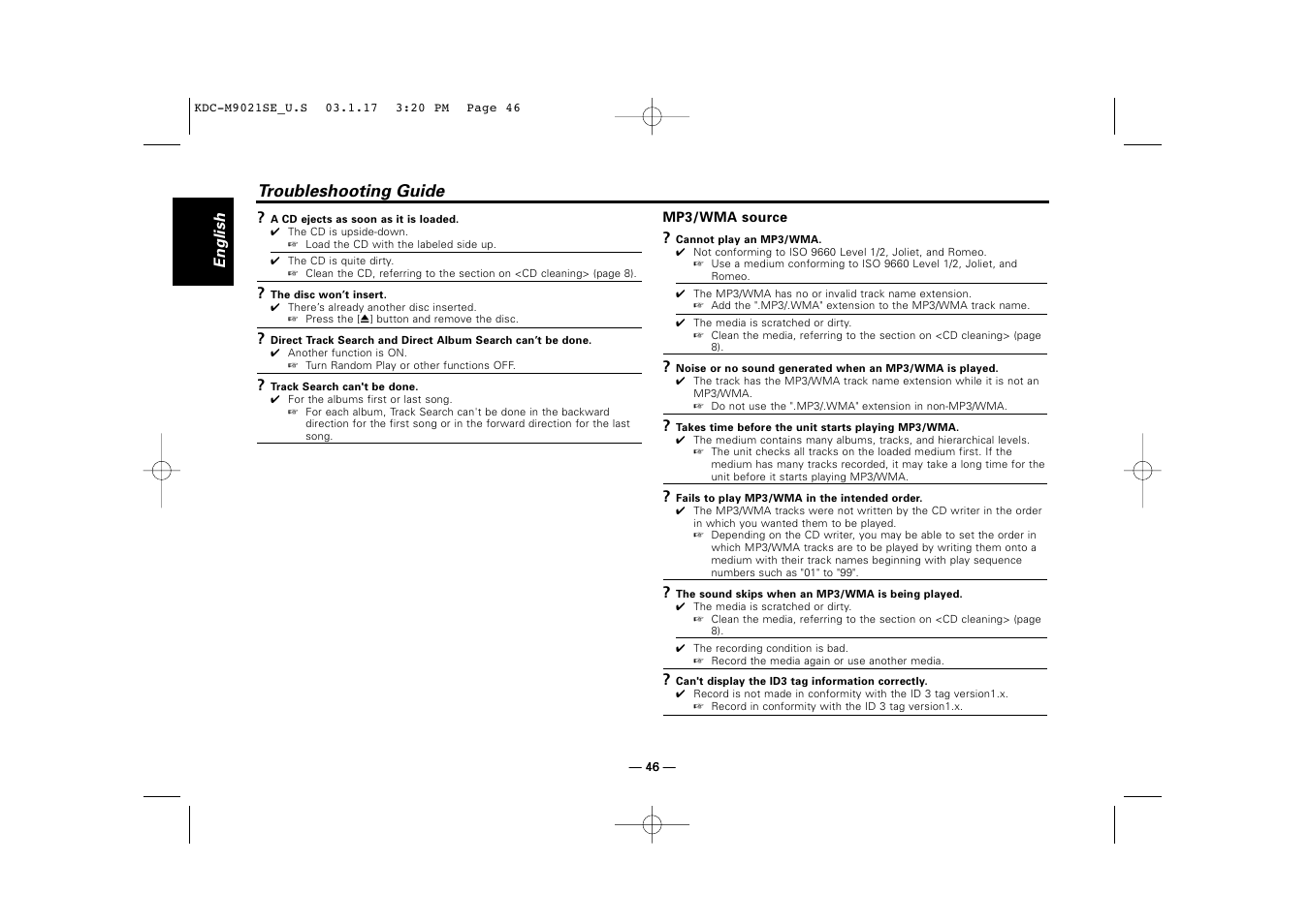 Troubleshooting guide | Kenwood KDC-M9021   EN User Manual | Page 46 / 52