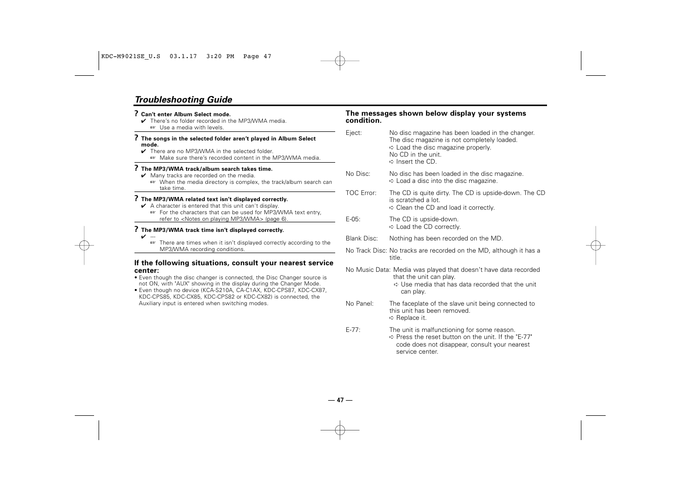 Troubleshooting guide | Kenwood KDC-M9021   EN User Manual | Page 47 / 52