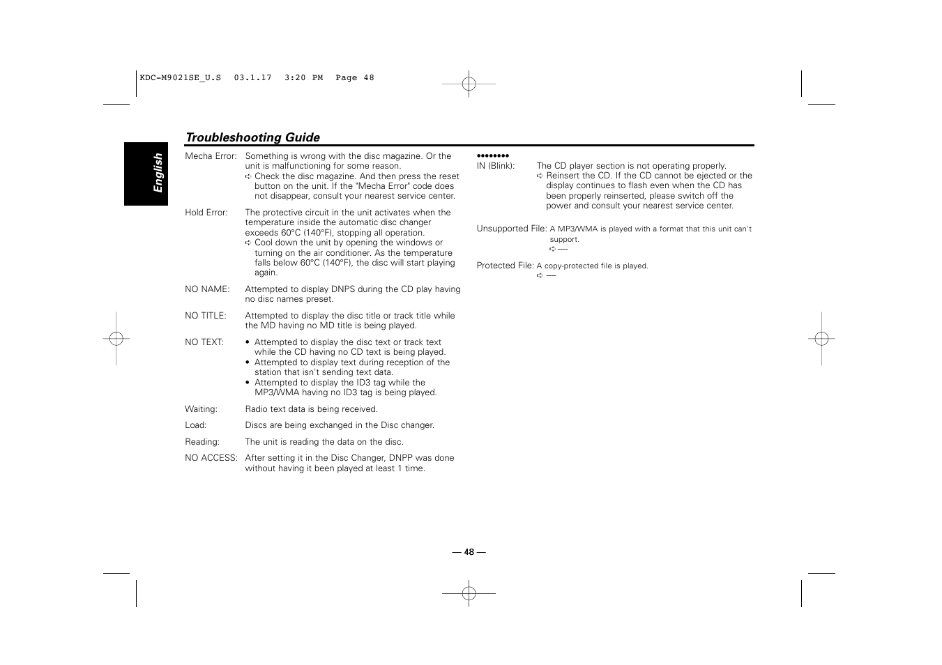 Troubleshooting guide | Kenwood KDC-M9021   EN User Manual | Page 48 / 52