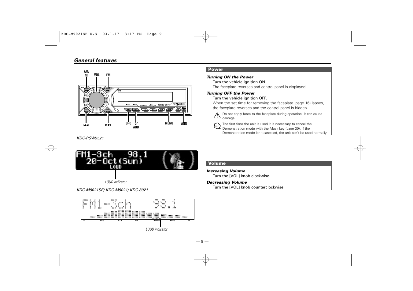 General features, Power, Volume | Kenwood KDC-M9021   EN User Manual | Page 9 / 52