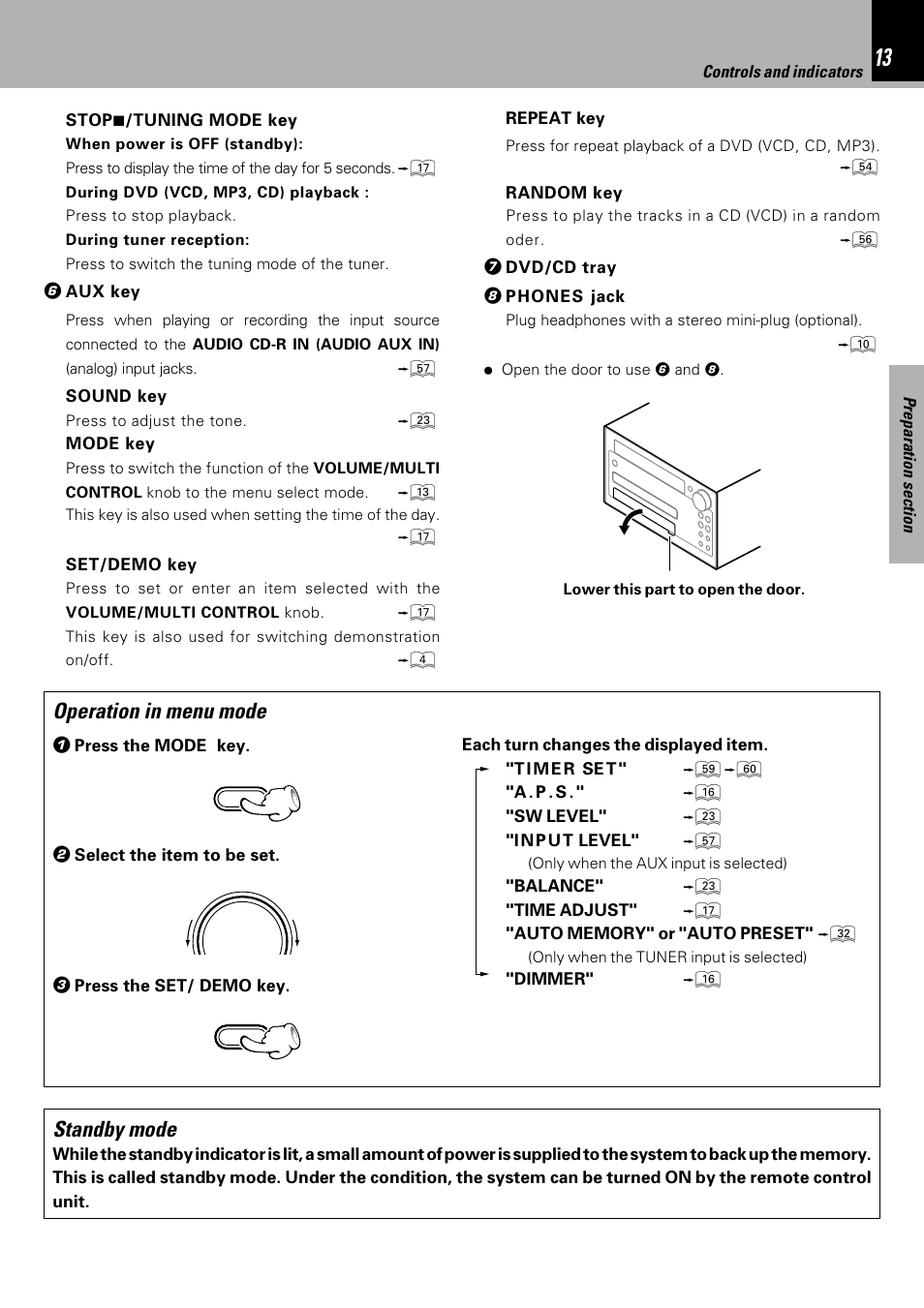 Operation in menu mode, Standby mode | Kenwood HM-DV7 User Manual | Page 13 / 72