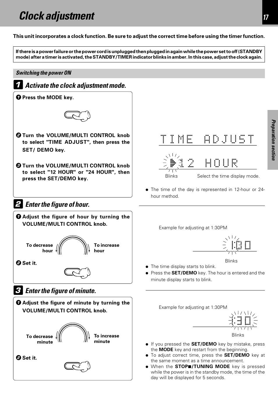 Clock adjustment, 1 2 > h o u r, Enter the figure of minute | Kenwood HM-DV7 User Manual | Page 17 / 72