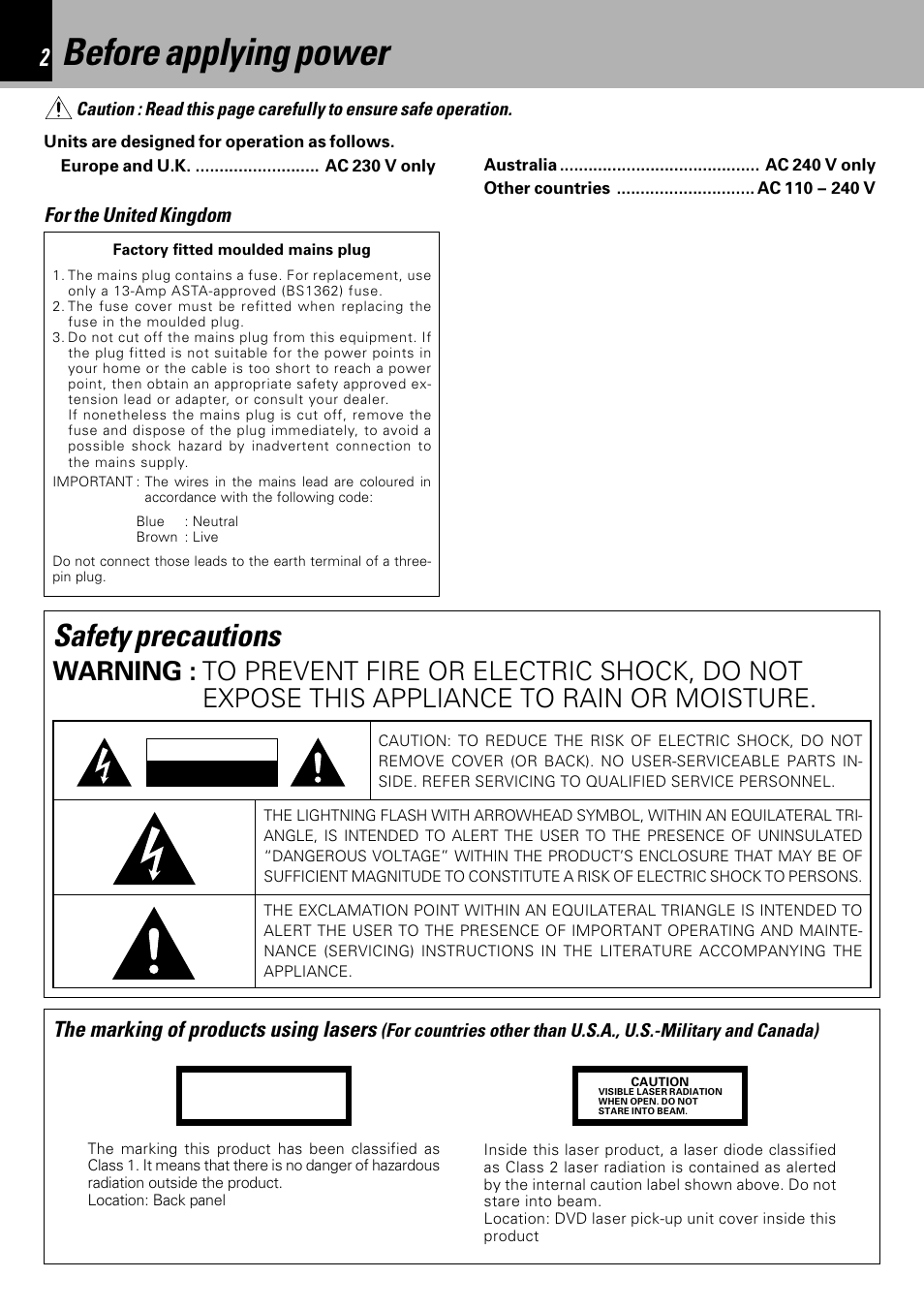 Before applying power, Safety precautions, The marking of products using lasers | For the united kingdom | Kenwood HM-DV7 User Manual | Page 2 / 72