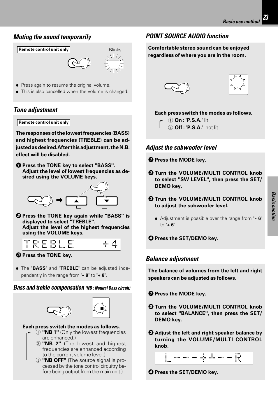 L - r, Muting the sound temporarily, Bass and treble compensation | Tone adjustment, Balance adjustment, Point source audio function, Adjust the subwoofer level | Kenwood HM-DV7 User Manual | Page 23 / 72