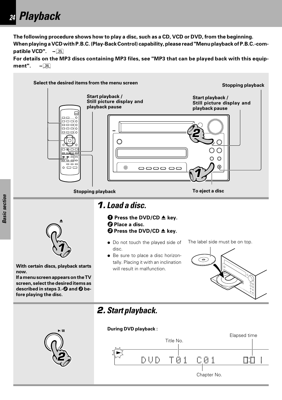 Playback, Load a disc, Start playback | Kenwood HM-DV7 User Manual | Page 24 / 72