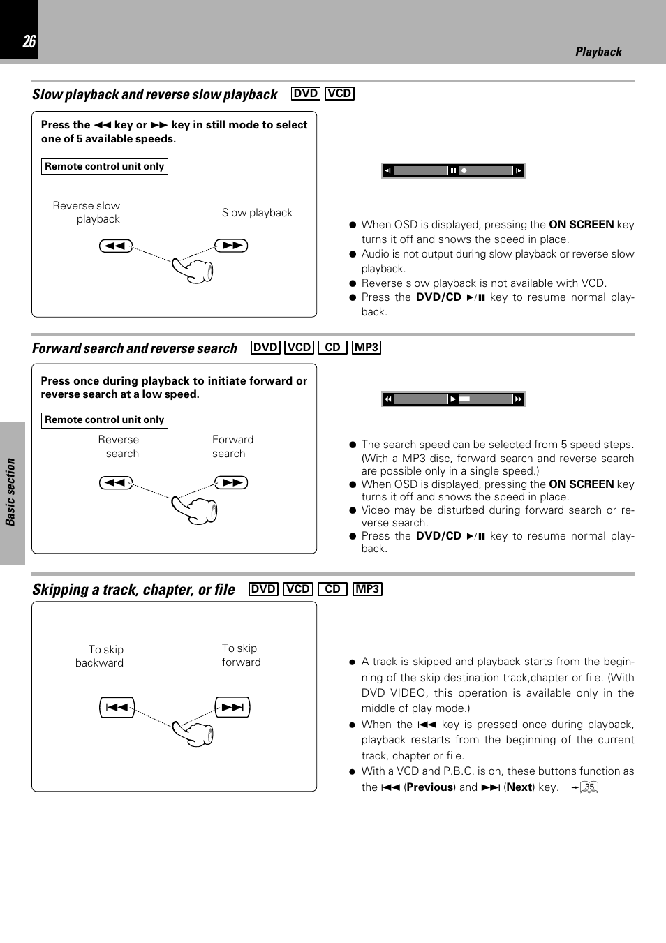 Skipping a track, chapter, or file, Forward search and reverse search, Slow playback and reverse slow playback | Kenwood HM-DV7 User Manual | Page 26 / 72