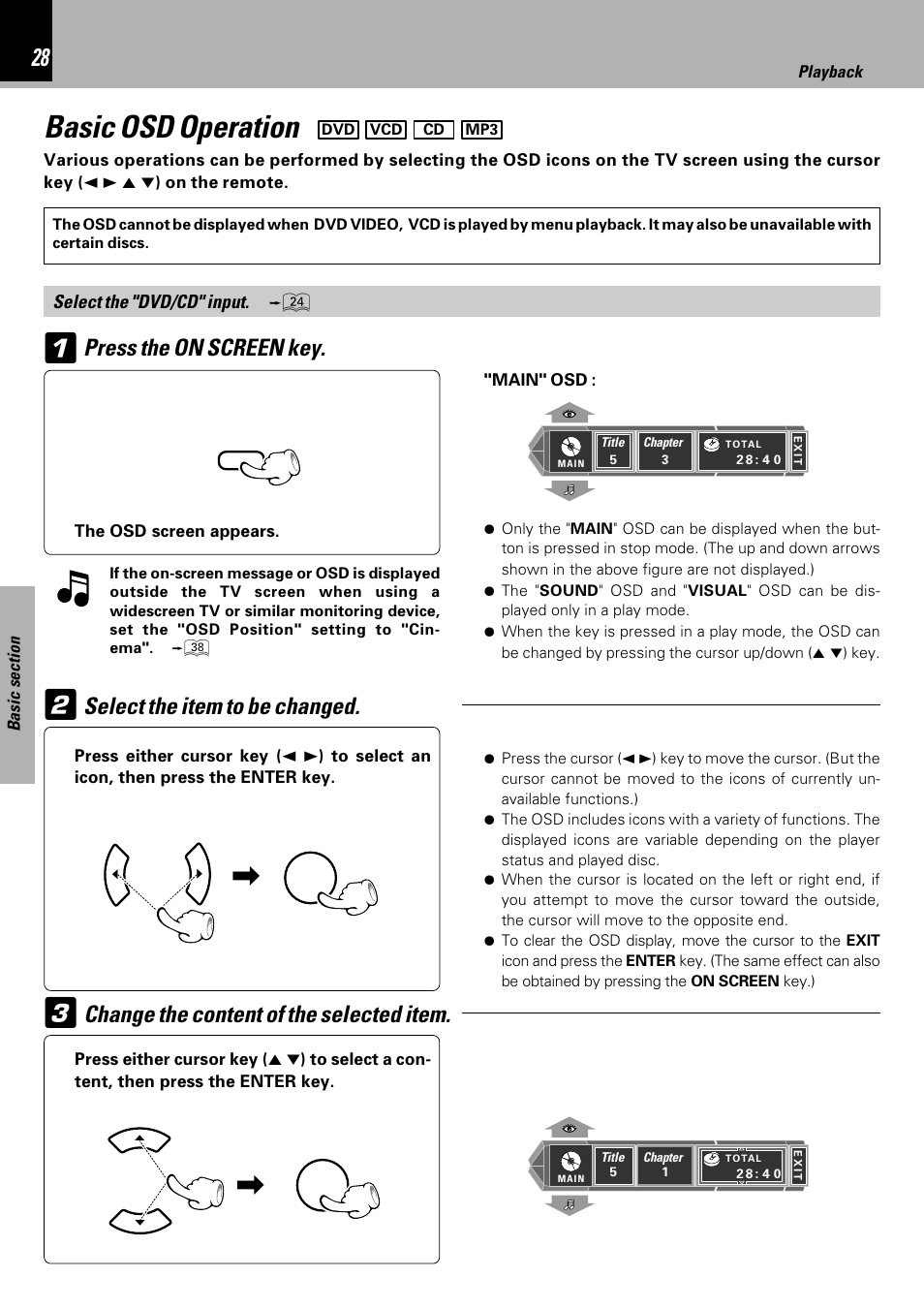 Basic osd operation, Select the item to be changed | Kenwood HM-DV7 User Manual | Page 28 / 72