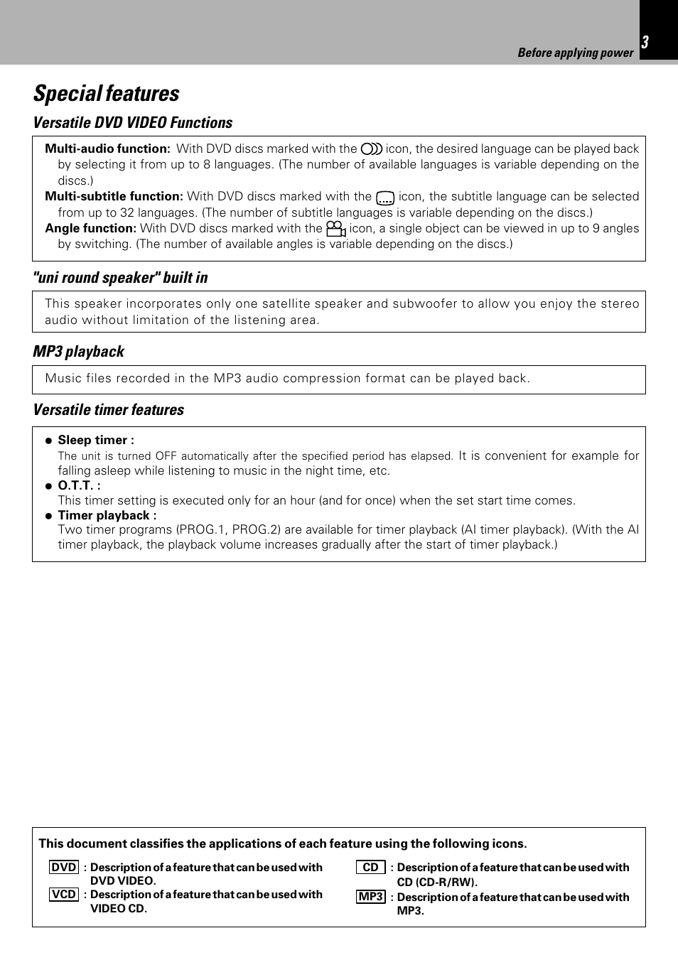 Special features, Versatile dvd video functions, Mp3 playback | Uni round speaker" built in, Versatile timer features | Kenwood HM-DV7 User Manual | Page 3 / 72