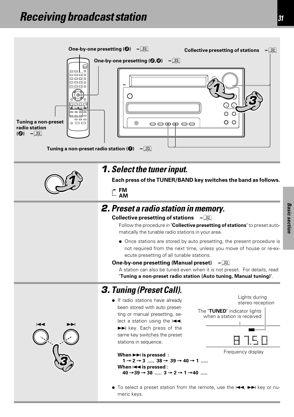 Receiving broadcast station, Select the tuner input, Tuning (preset call) | Kenwood HM-DV7 User Manual | Page 31 / 72
