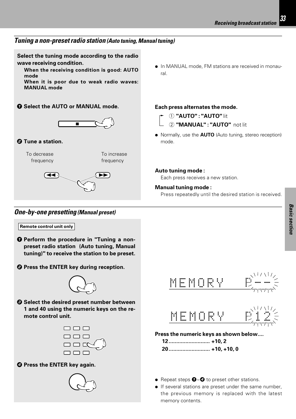 One-by-one presetting (manual preset), One-by-one presetting, Tuning a non-preset radio station | Kenwood HM-DV7 User Manual | Page 33 / 72