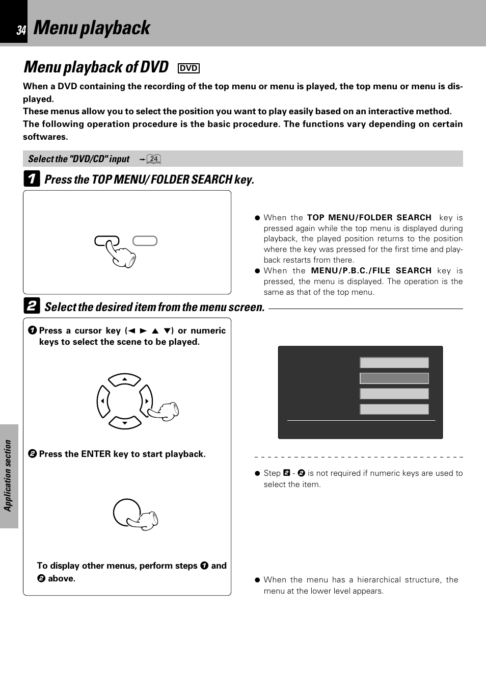 Menu playback, Menu playback of dvd, Press the top menu/ folder search key | Select the desired item from the menu screen | Kenwood HM-DV7 User Manual | Page 34 / 72