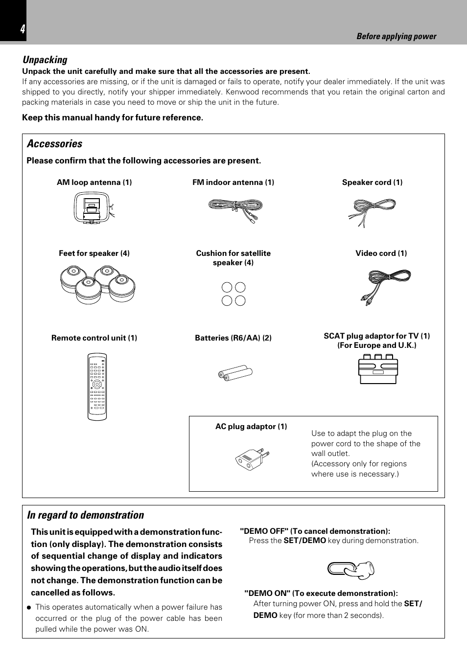 Accessories, Unpacking | Kenwood HM-DV7 User Manual | Page 4 / 72