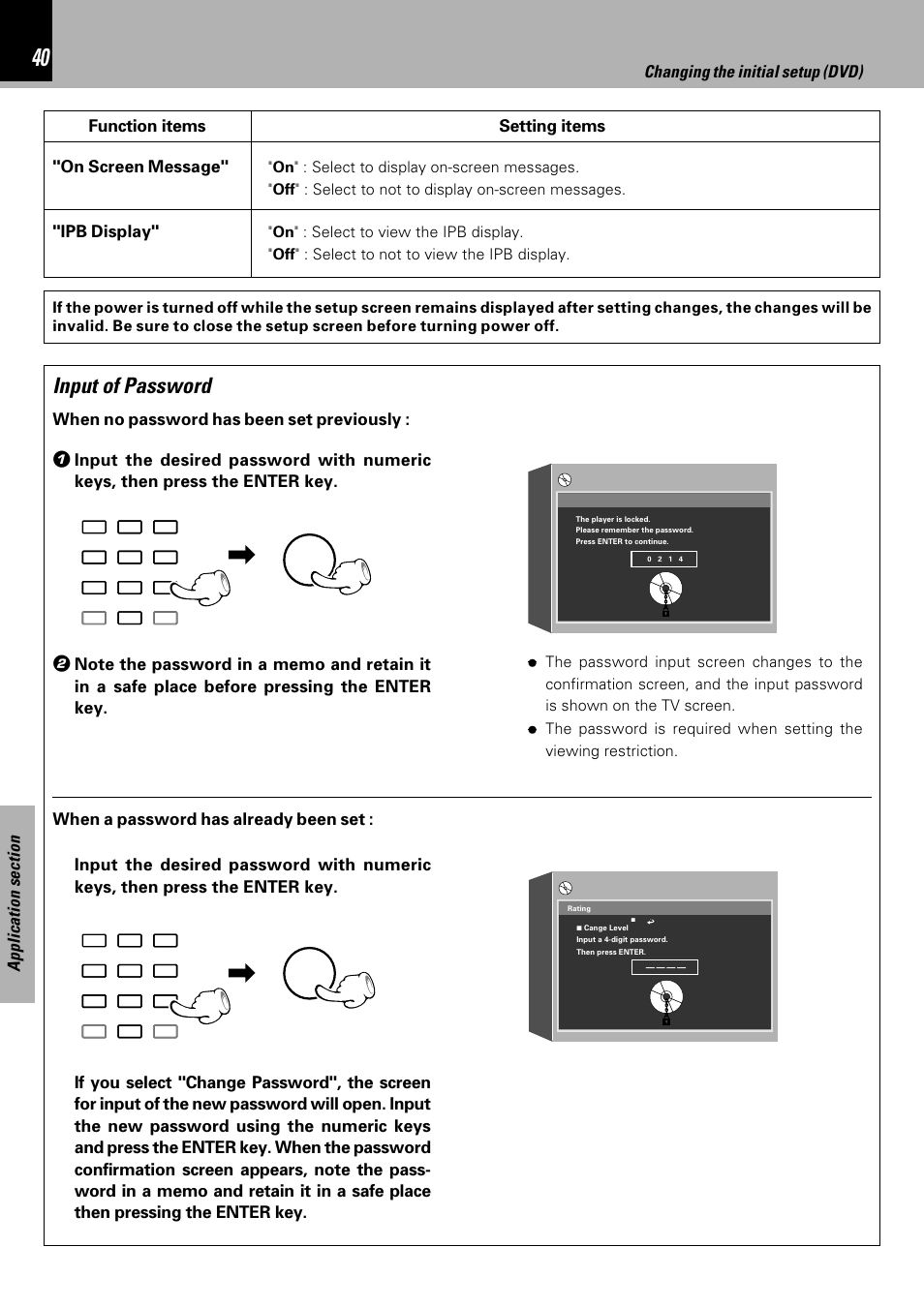 Input of password, When no password has been set previously, On screen message" "ipb display | Function items setting items | Kenwood HM-DV7 User Manual | Page 40 / 72