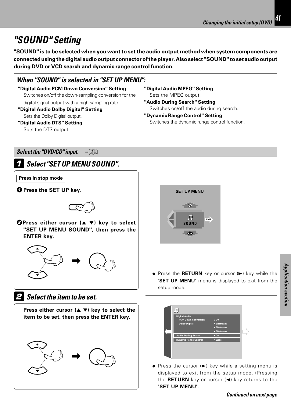 Sound" setting, Select "set up menu sound, Select the item to be set | When "sound" is selected in "set up menu, Select the "dvd/cd" input | Kenwood HM-DV7 User Manual | Page 41 / 72