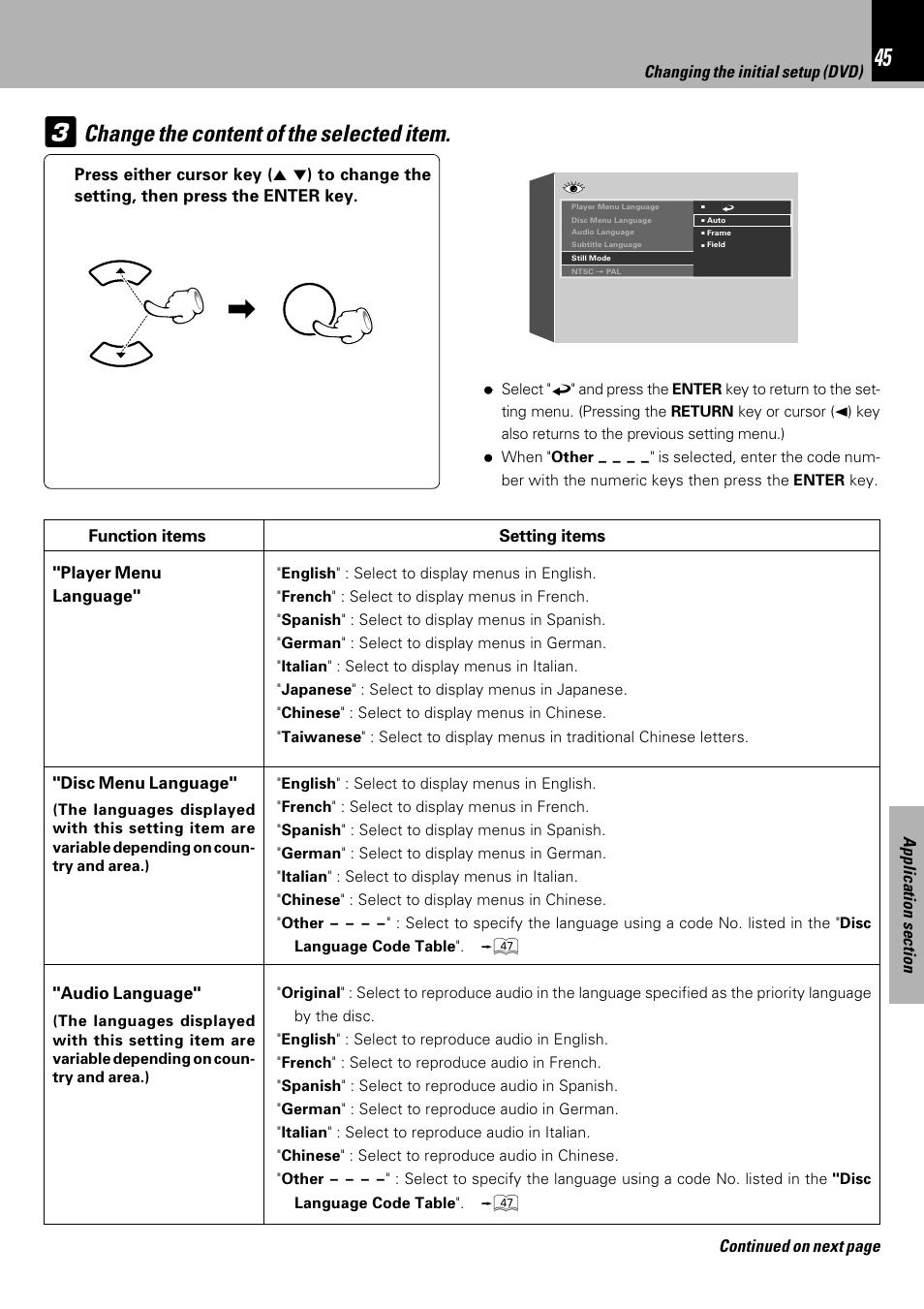 Change the content of the selected item, Continued on next page | Kenwood HM-DV7 User Manual | Page 45 / 72