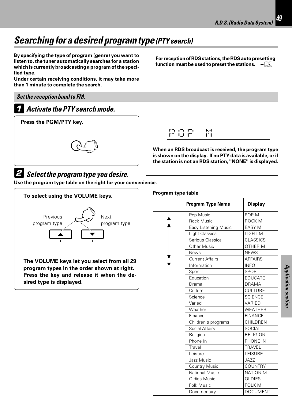 Searching for a desired program type (pty search), O p p m, Searching for a desired program type | Pty search) | Kenwood HM-DV7 User Manual | Page 49 / 72