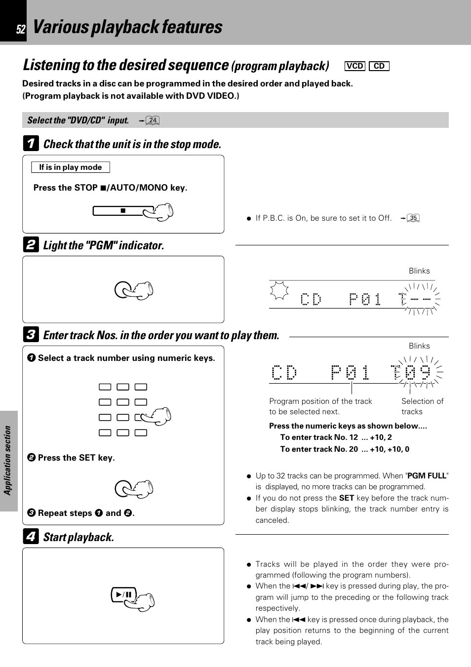 Various playback features, Dc p 0 1 t 0 9, Listening to the desired sequence | Dc p 0 1 t, Program playback), Light the "pgm" indicator | Kenwood HM-DV7 User Manual | Page 52 / 72