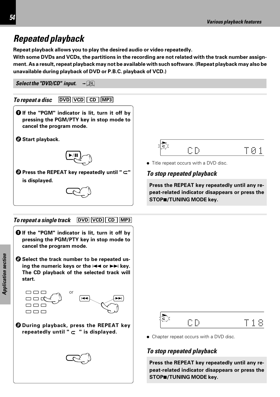 Repeated playback, Dc t 0 1, Dc t 1 8 | Select the "dvd/cd" input | Kenwood HM-DV7 User Manual | Page 54 / 72