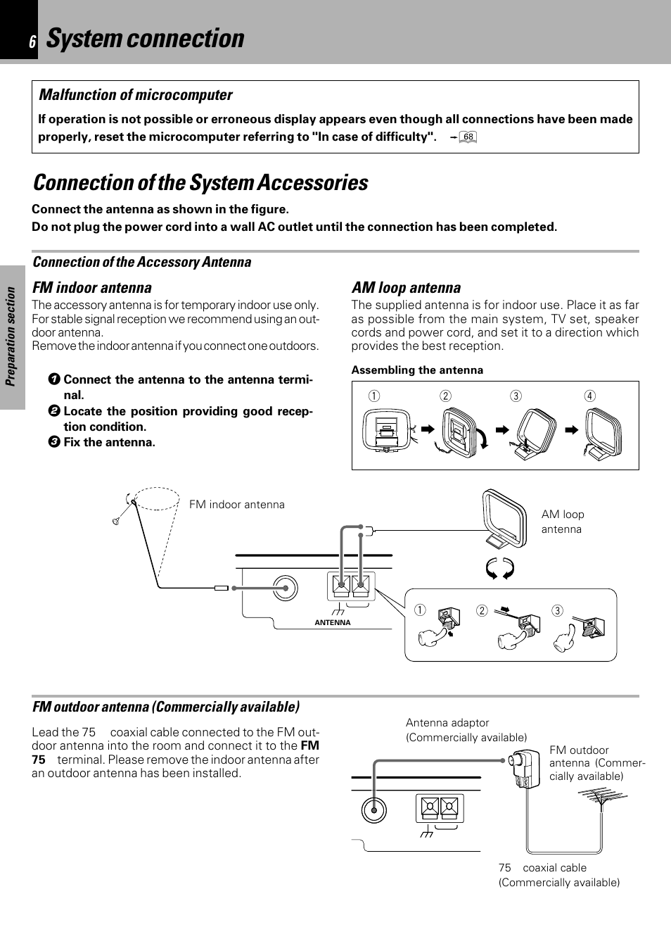 System connection, Connection of the system accessories, Am loop antenna | Fm indoor antenna, Malfunction of microcomputer | Kenwood HM-DV7 User Manual | Page 6 / 72