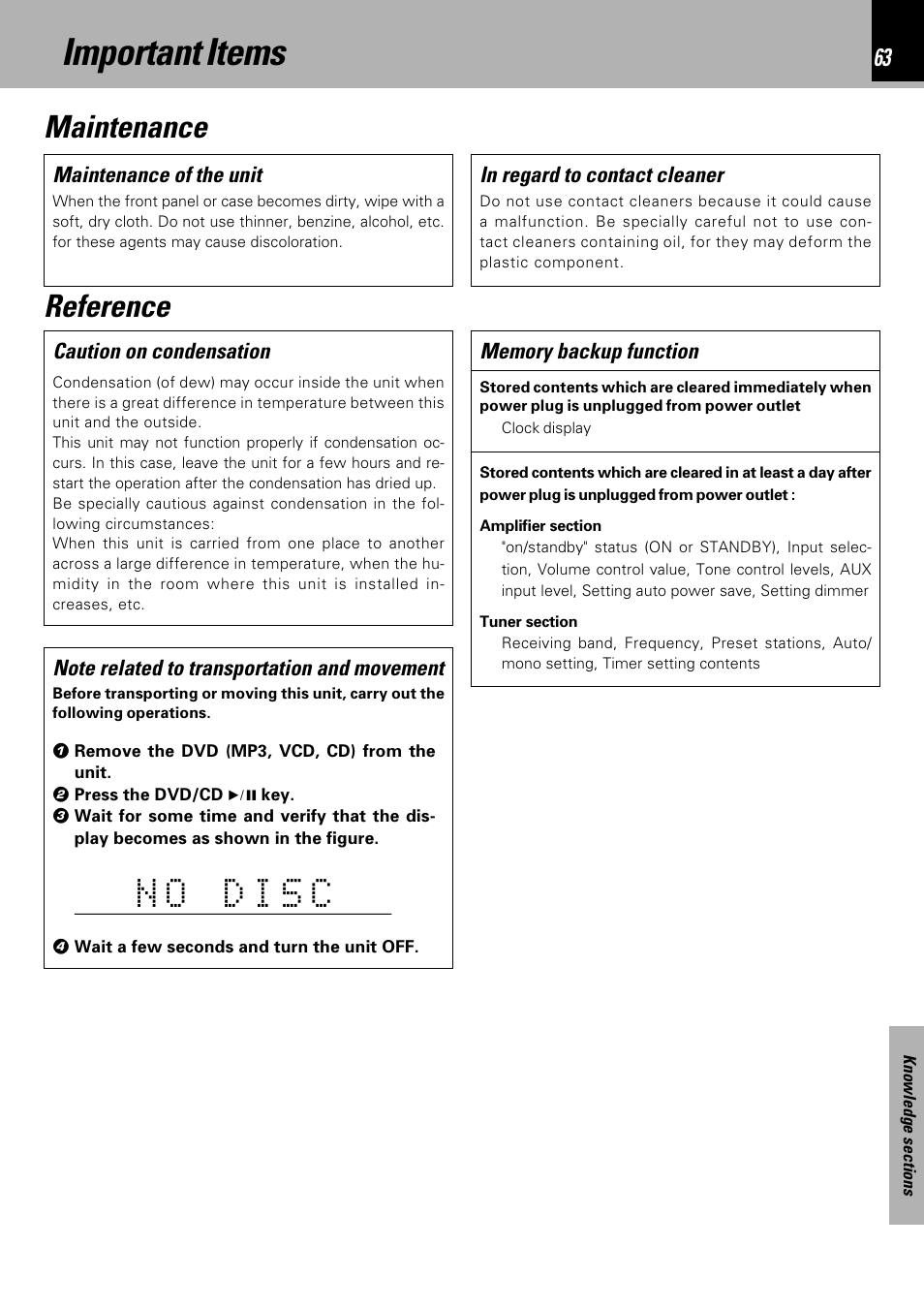 Important items, Maintenance, Reference | Maintenance reference | Kenwood HM-DV7 User Manual | Page 63 / 72