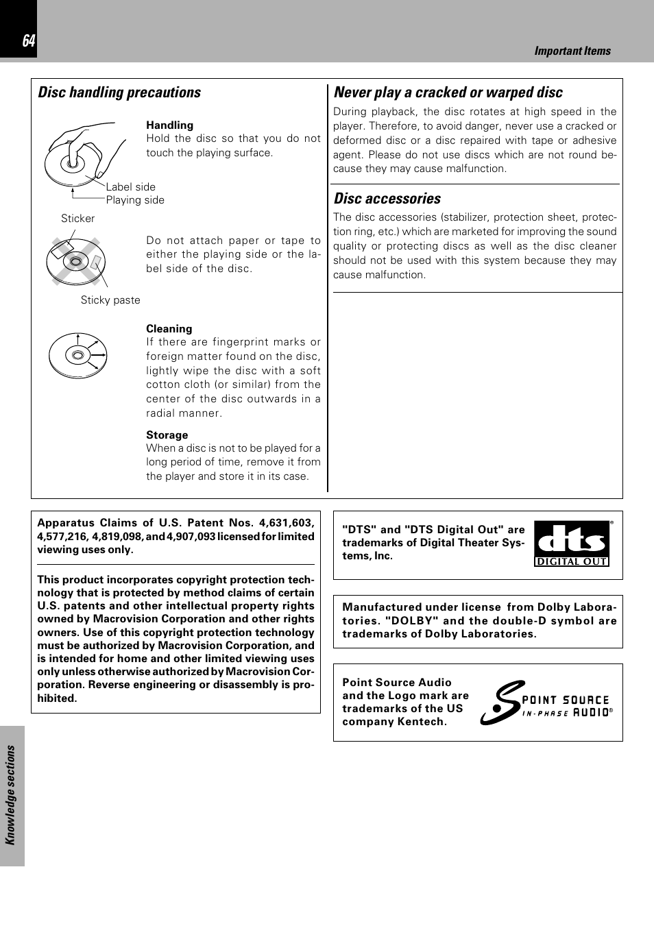 Never play a cracked or warped disc, Disc handling precautions, Disc accessories | Kenwood HM-DV7 User Manual | Page 64 / 72