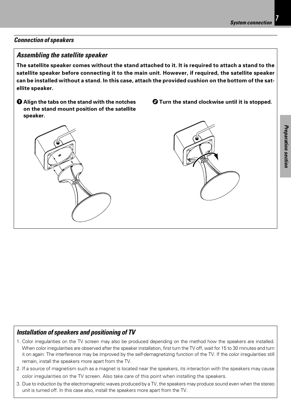 Assembling the satellite speaker, Installation of speakers and positioning of tv | Kenwood HM-DV7 User Manual | Page 7 / 72