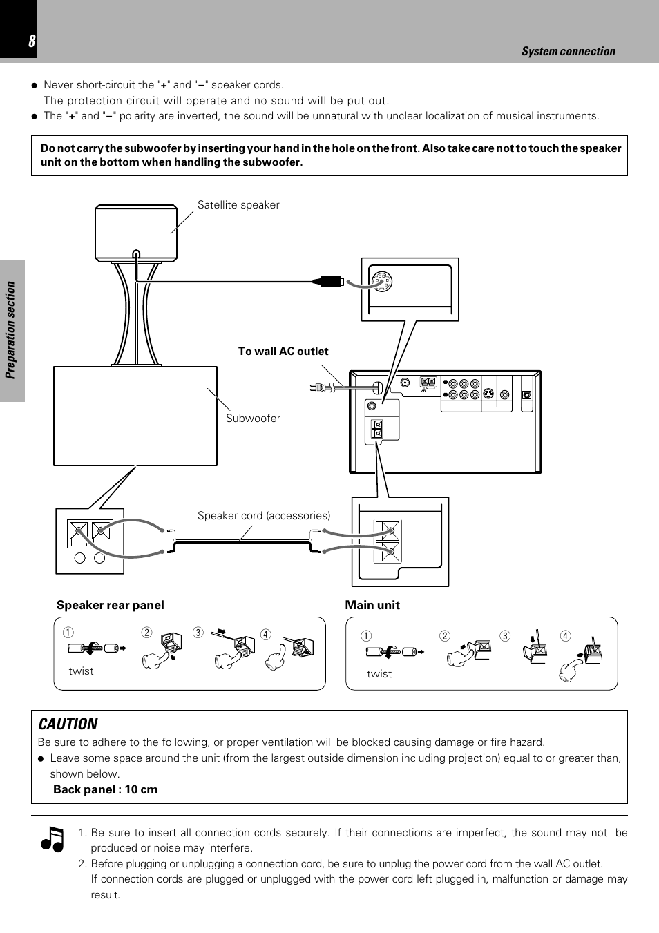 Caution, Speaker rear panel, Main unit | Back panel : 10 cm | Kenwood HM-DV7 User Manual | Page 8 / 72