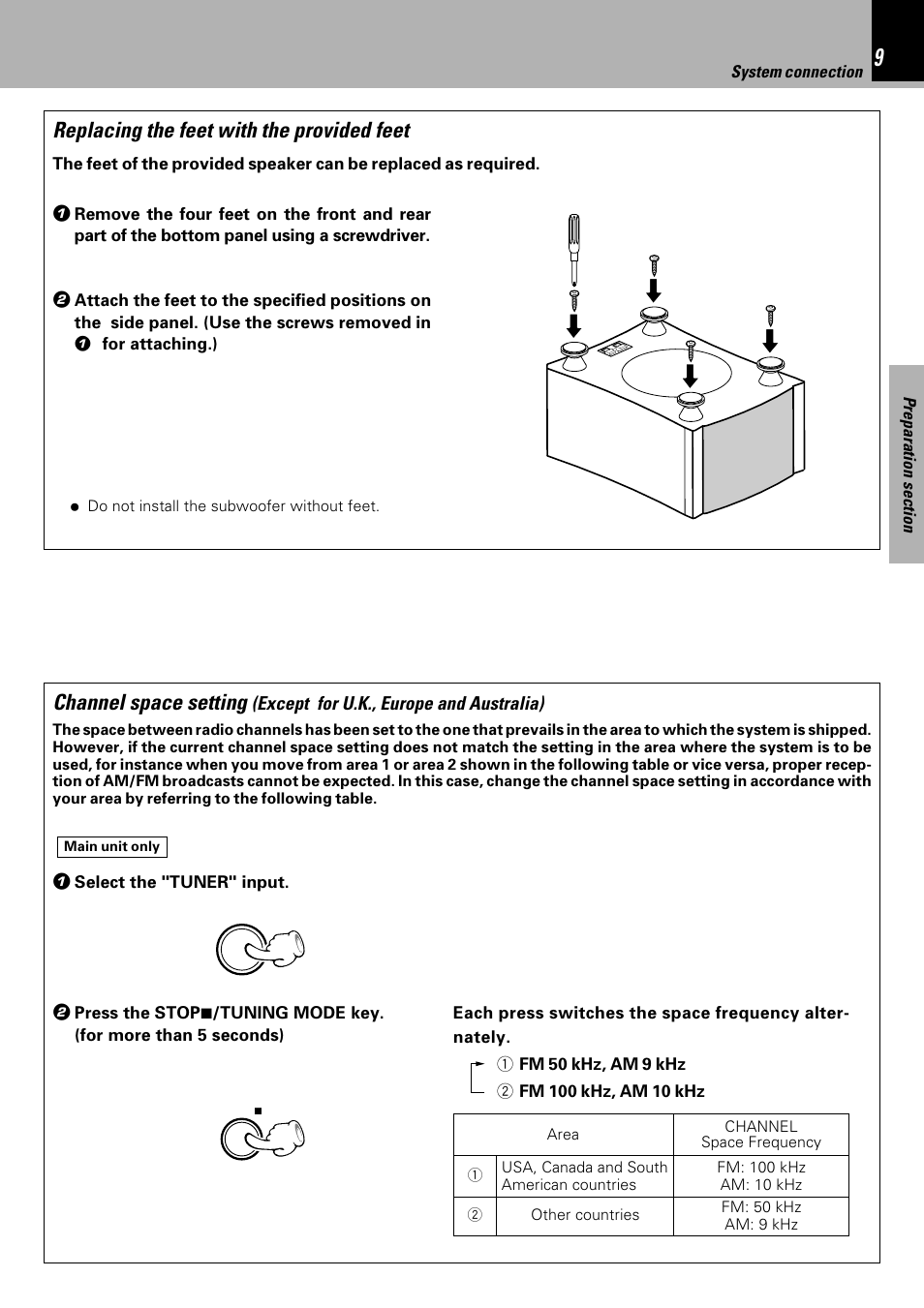 Channel space setting, Replacing the feet with the provided feet | Kenwood HM-DV7 User Manual | Page 9 / 72