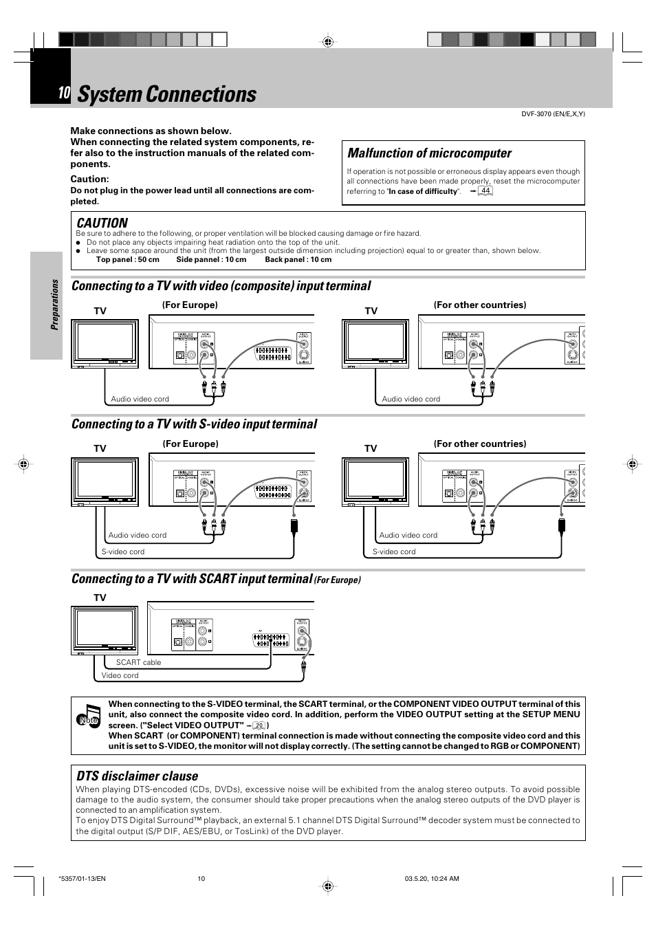 System connections, Connecting to a tv with s-video input terminal, Malfunction of microcomputer caution | Connecting to a tv with scart input terminal, Dts disclaimer clause | Kenwood DVF-3070 User Manual | Page 10 / 48