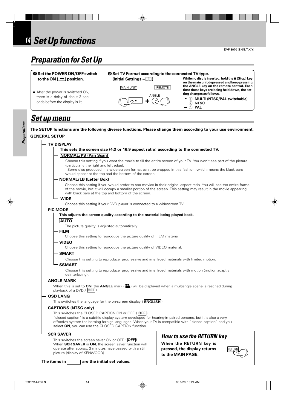 Set up functions, Preparation for set up, Set up menu | How to use the return key | Kenwood DVF-3070 User Manual | Page 14 / 48