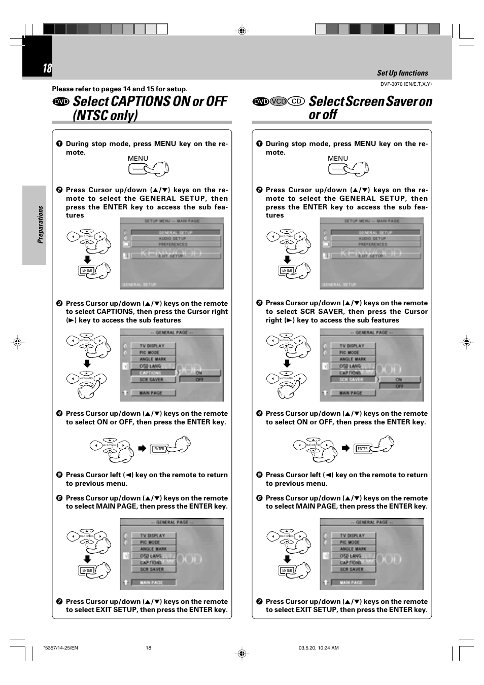 Select captions on or off (ntsc only), Select screen saver on or off | Kenwood DVF-3070 User Manual | Page 18 / 48