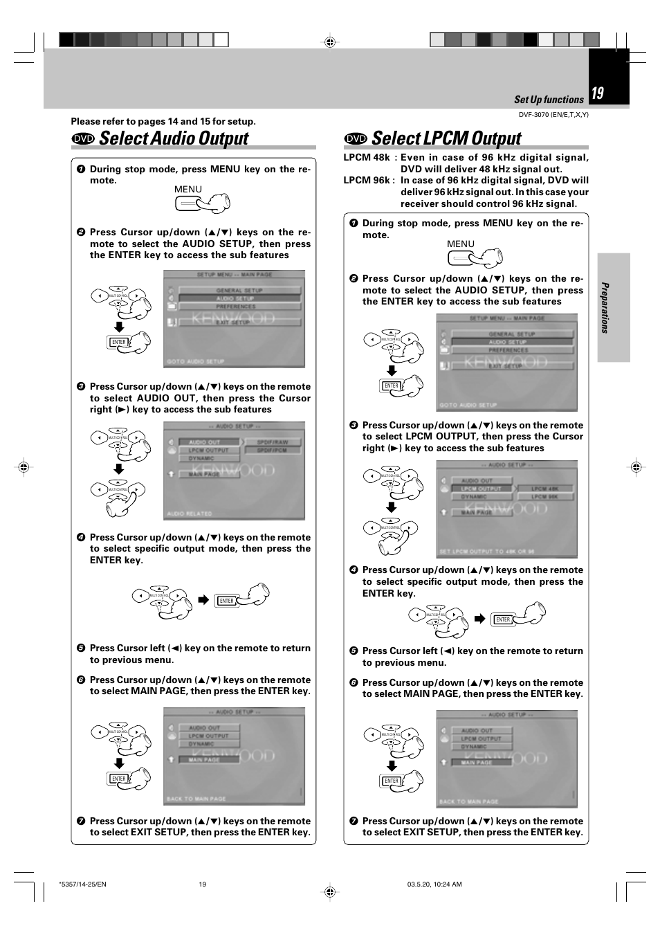 Select audio output, Select lpcm output, Set up functions | Kenwood DVF-3070 User Manual | Page 19 / 48