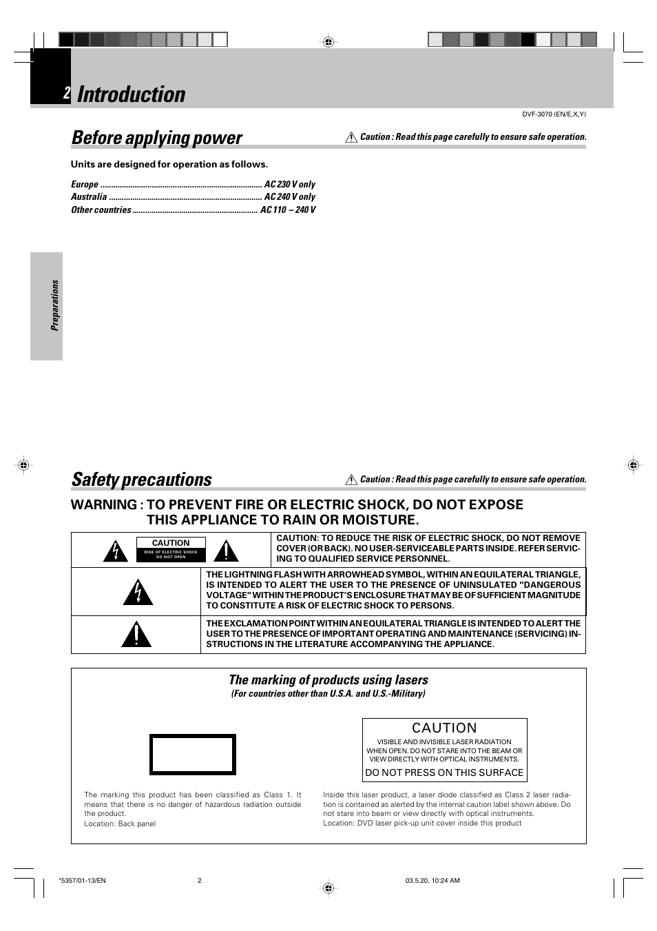 Preparations, Introduction, Before applying power | Safety precautions, The marking of products using lasers, Caution | Kenwood DVF-3070 User Manual | Page 2 / 48