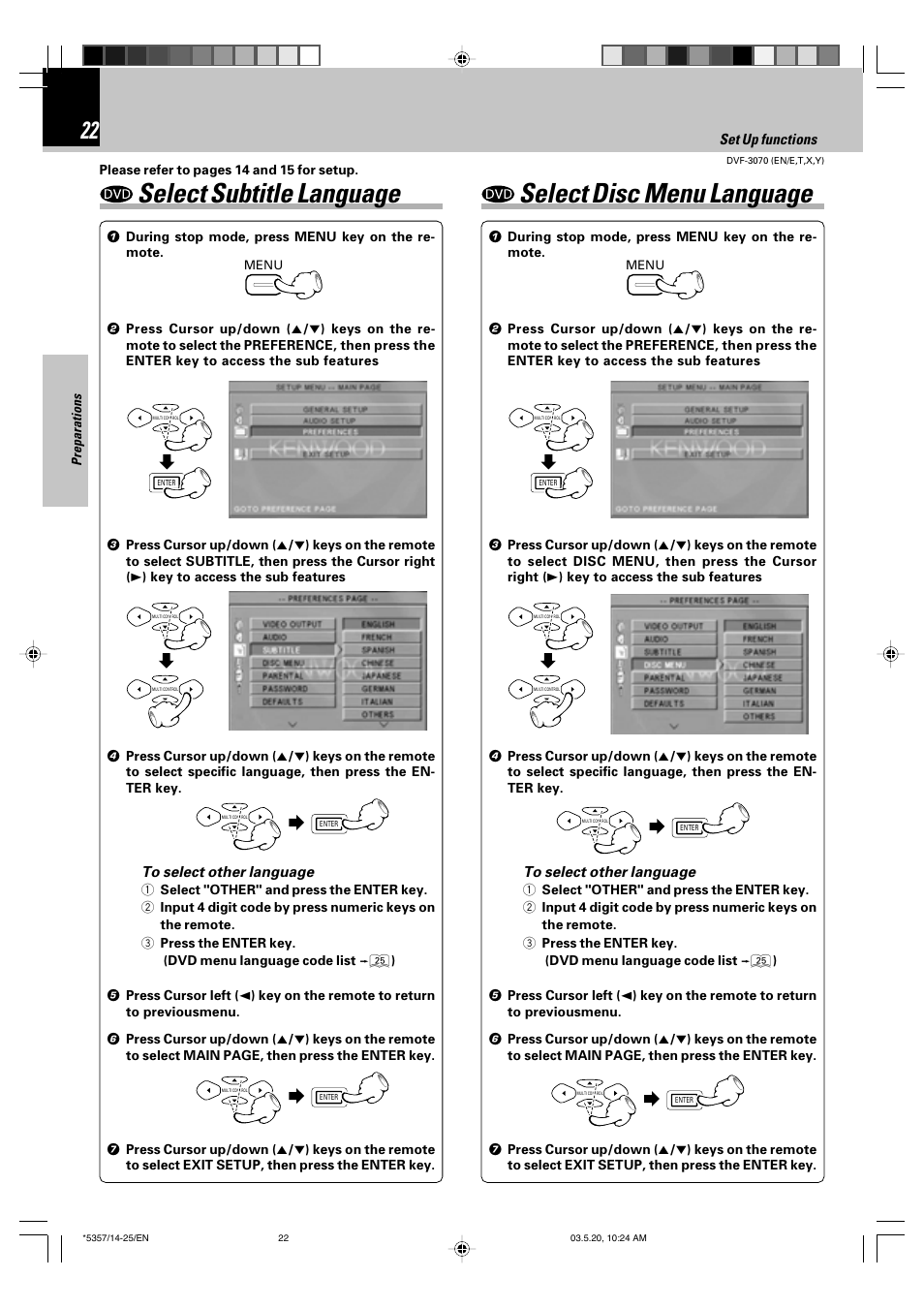 Select subtitle language, Select disc menu language | Kenwood DVF-3070 User Manual | Page 22 / 48