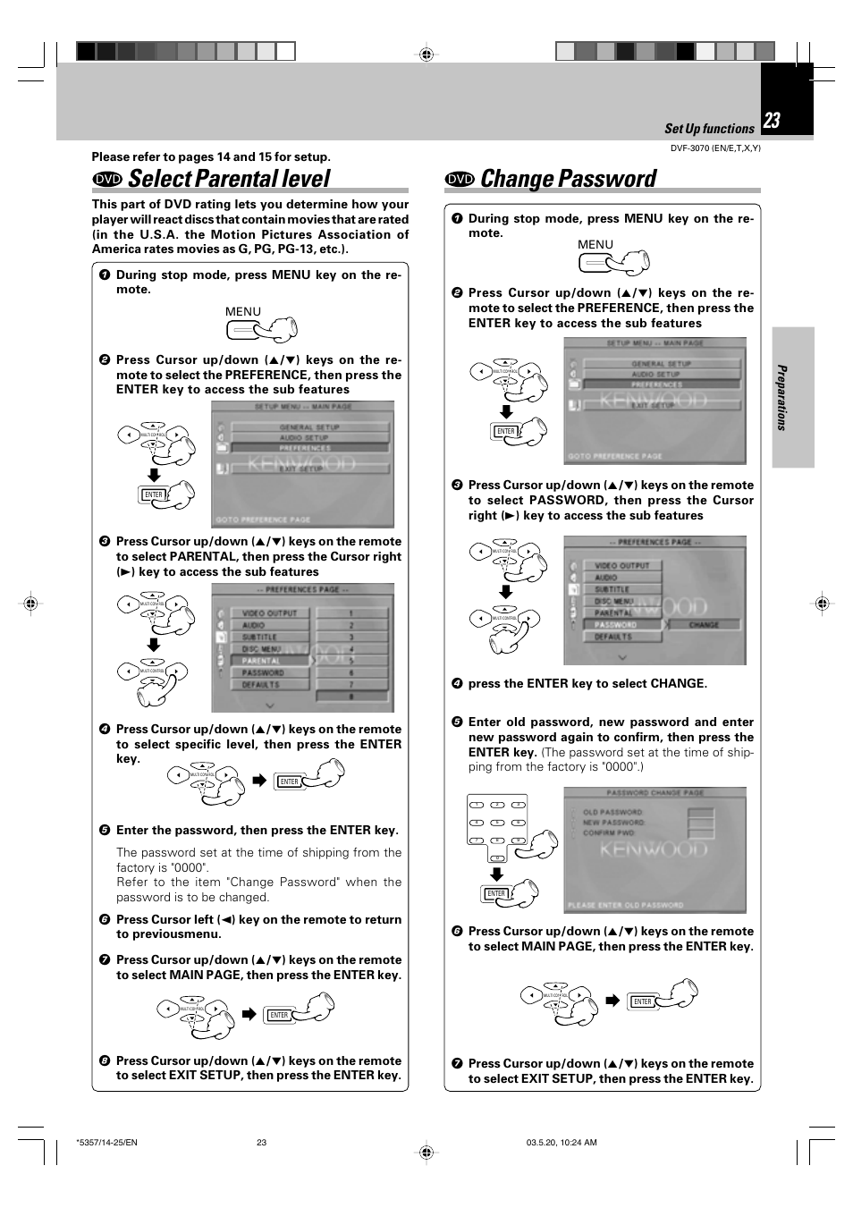 Select parental level, Change password, Set up functions | Preparations | Kenwood DVF-3070 User Manual | Page 23 / 48