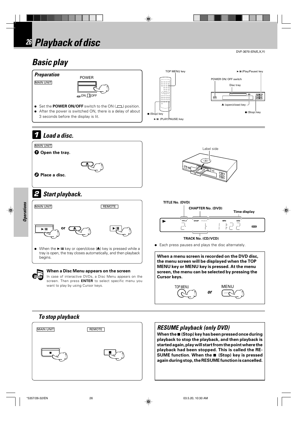 Operations, Playback of disc, Basic play | Load a disc, Start playback, Resume playback (only dvd), Preparation | Kenwood DVF-3070 User Manual | Page 26 / 48