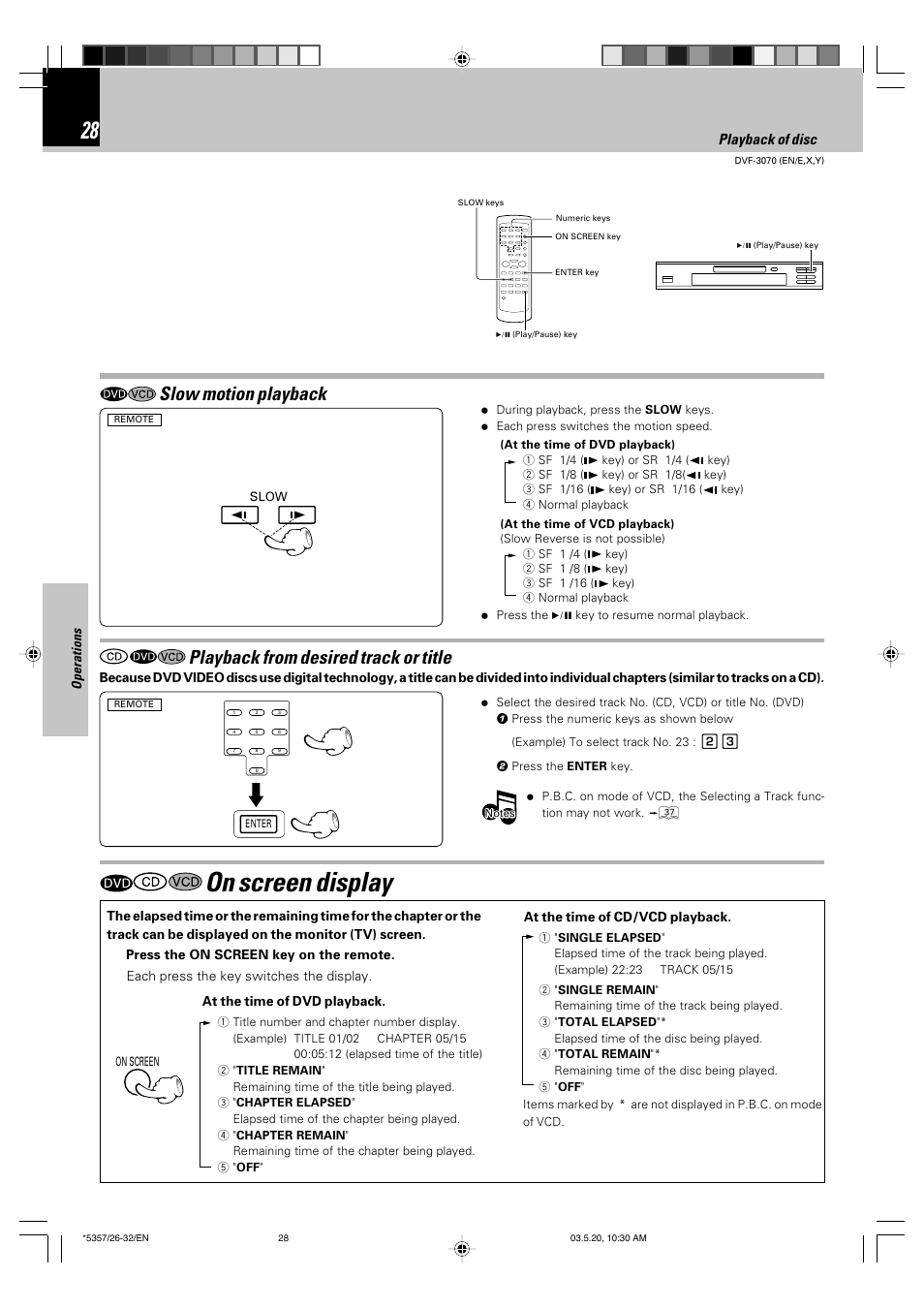 On screen display, Slow motion playback, Playback from desired track or title | Various playback functions, Playback of disc | Kenwood DVF-3070 User Manual | Page 28 / 48