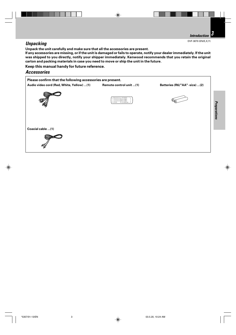 Unpacking, Accessories | Kenwood DVF-3070 User Manual | Page 3 / 48
